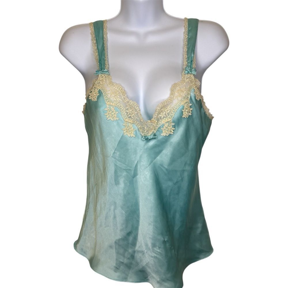 Vintage Enchanting Cream Lace Trim Satin Camisole Aqua and Cream Medium